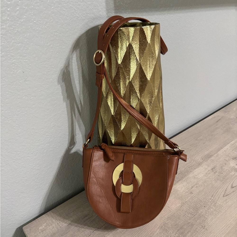 Brown Leather Crossbody Bag with Gold Accents